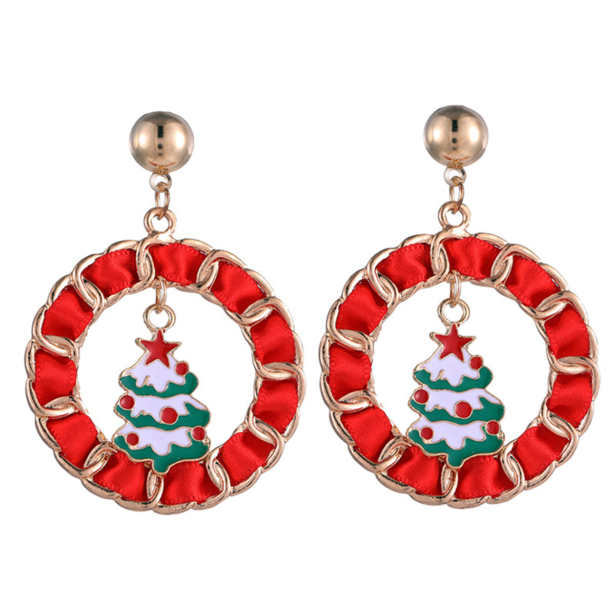 Red Enamel & Polyster 18K Gold-Plated Christmas Tree Curb Chain Circle Drop Earrings