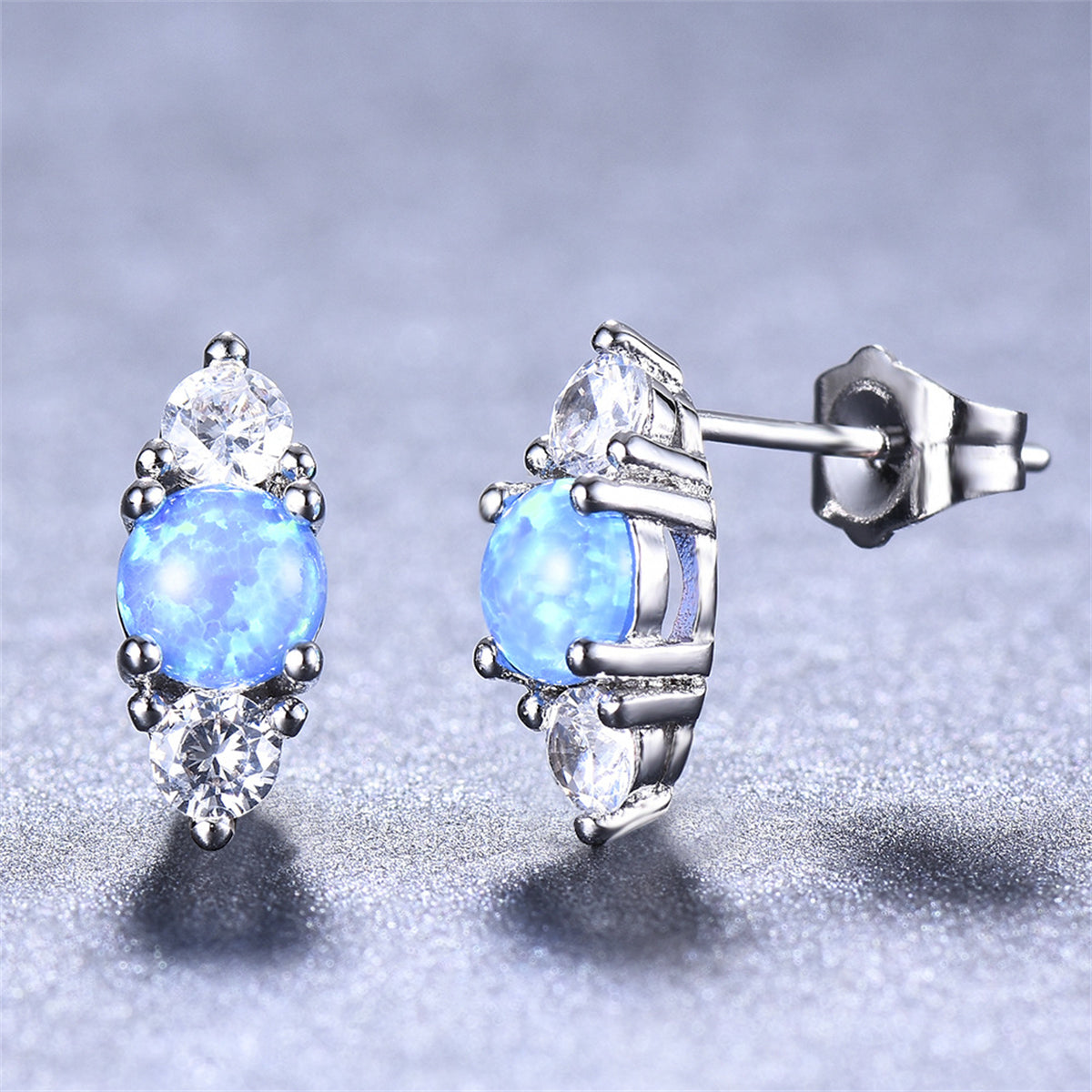 Blue Opal & Cubic Zirconia Silver-Plated Stacked Round-Cut Stud Earrings