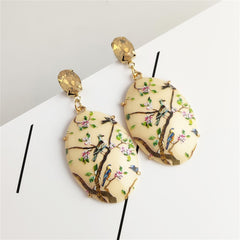 Beige Crystal & Resin 18K Gold-Plated Bird Branch Oval Drop Earrings