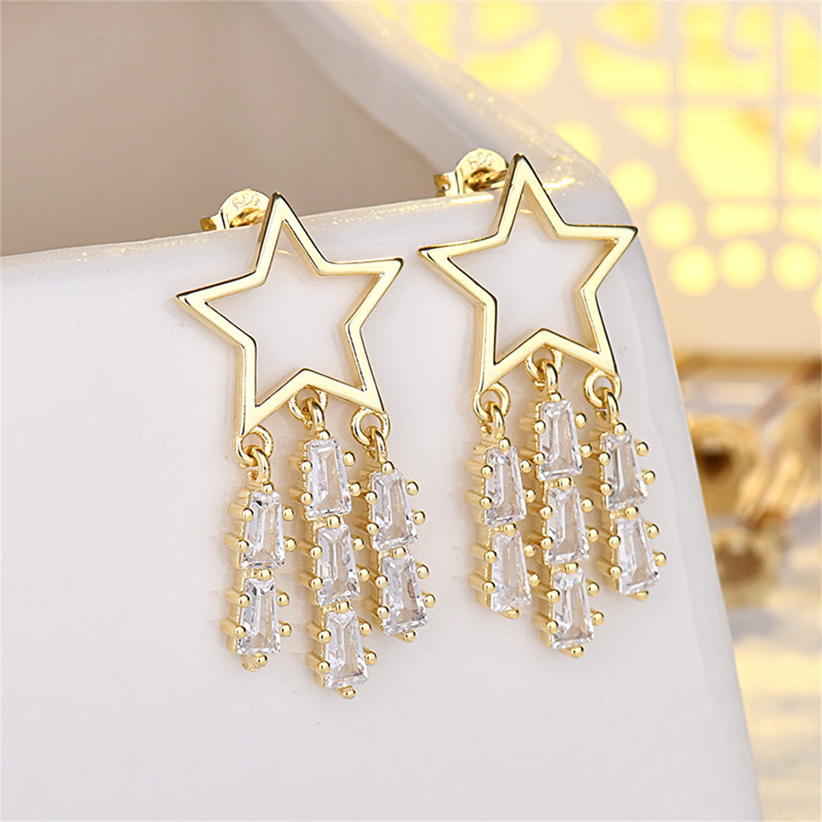 Crystal & 18K Gold-Plated Open Star Tassel Drop Earrings