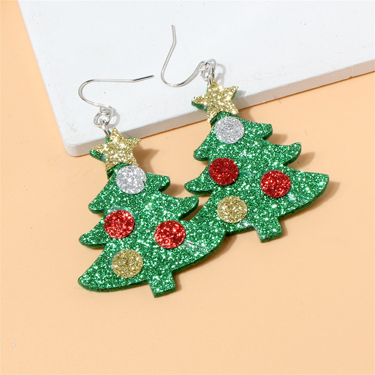 Green Polystyrene & Silver-Plated Glitter Holiday Tree Drop Earrings