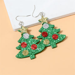 Green Polystyrene & Silver-Plated Glitter Holiday Tree Drop Earrings