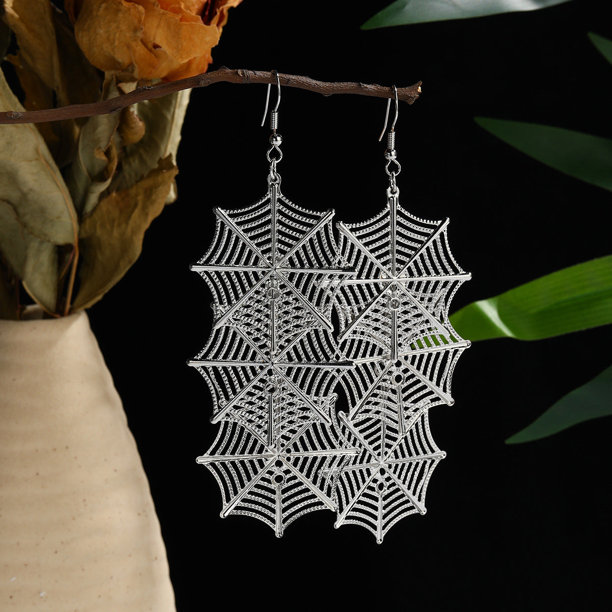 Silver-Plated Linked Spider Web Drop Earrings