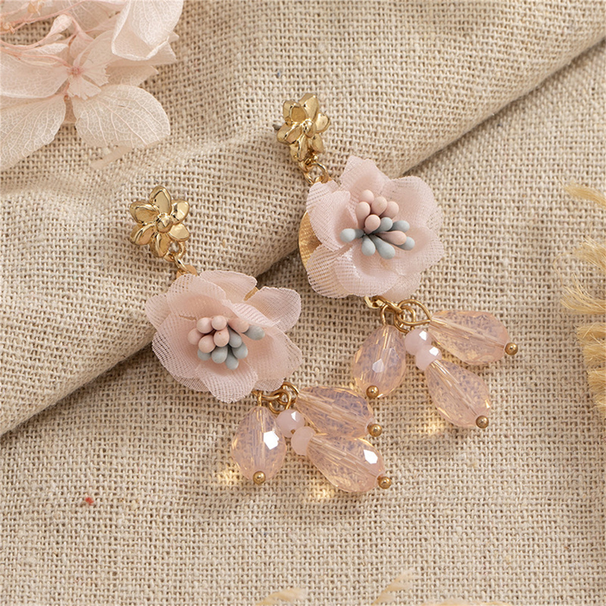 Pink & Blue Enamel Flower Drop Earrings