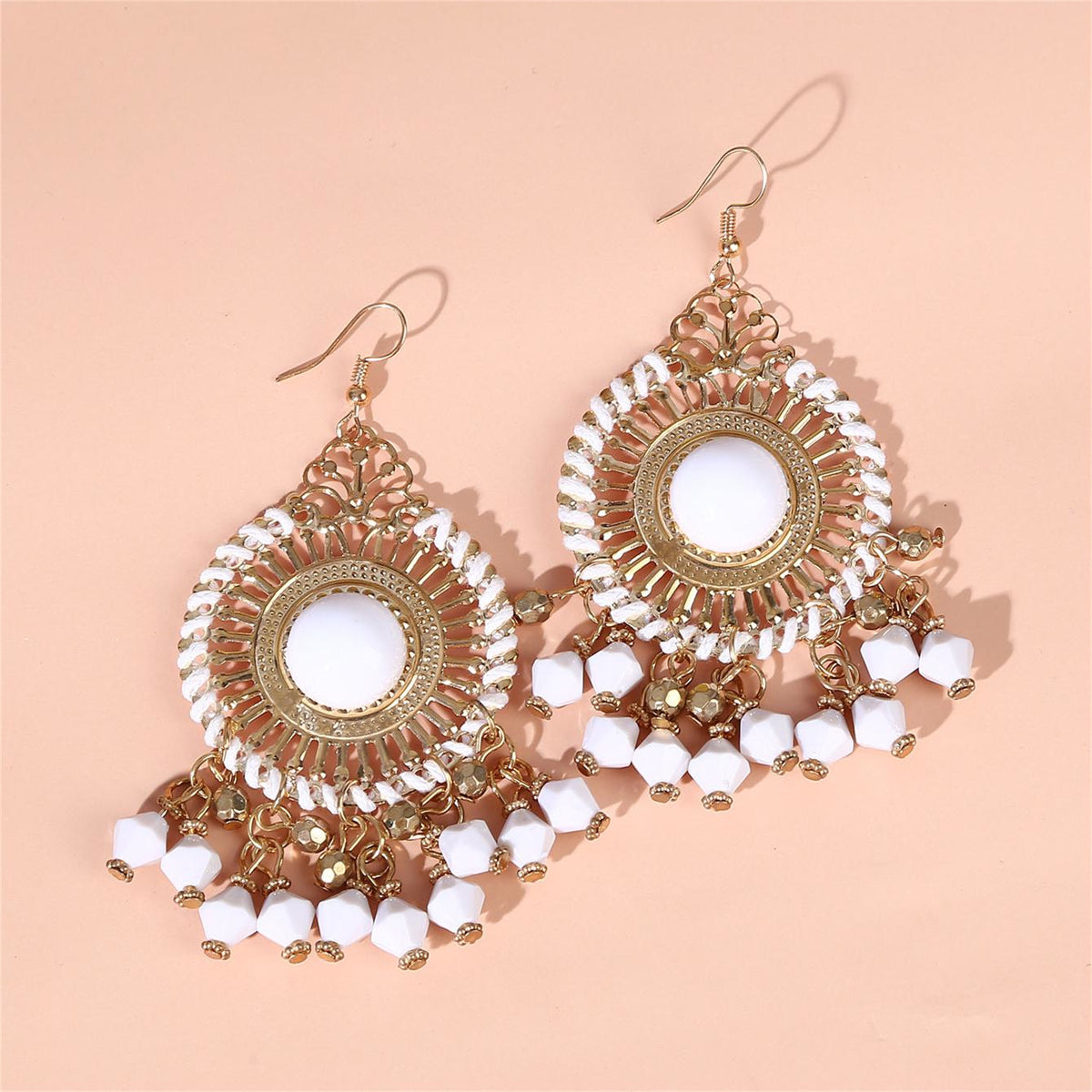 White Acrylic & Enamel 18K Gold-Plated Openwork Round Drop Earrings