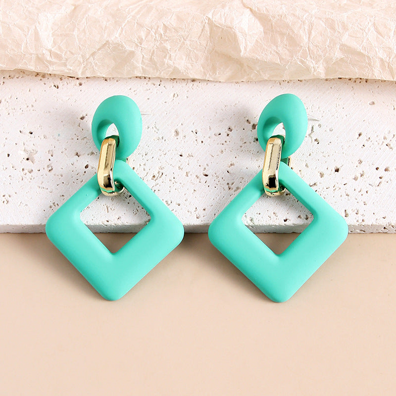 Cyan Enamel & 18K Gold-Plated Open Rhombus Drop Earrings