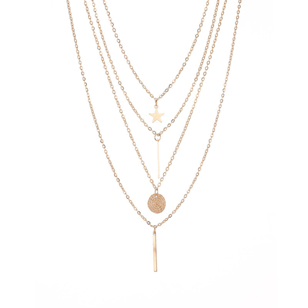 Stunning three-layered gold chain necklace with a coin and cross pendant, crafted in 18K gold plating for a luxurious look.