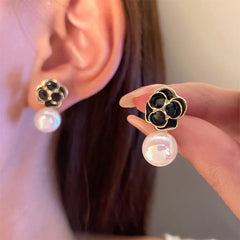 White Pearl & Black Enamel 18K Gold-Plated Flower Drop Earrings