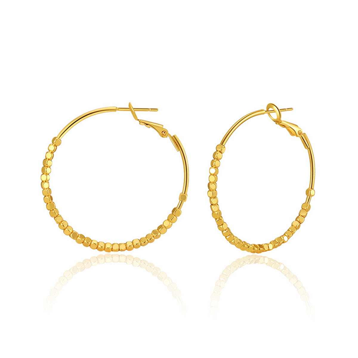 Stunning 18K gold-plated hoop earrings featuring chic cube beads, adding a touch of glamour to your outfit.