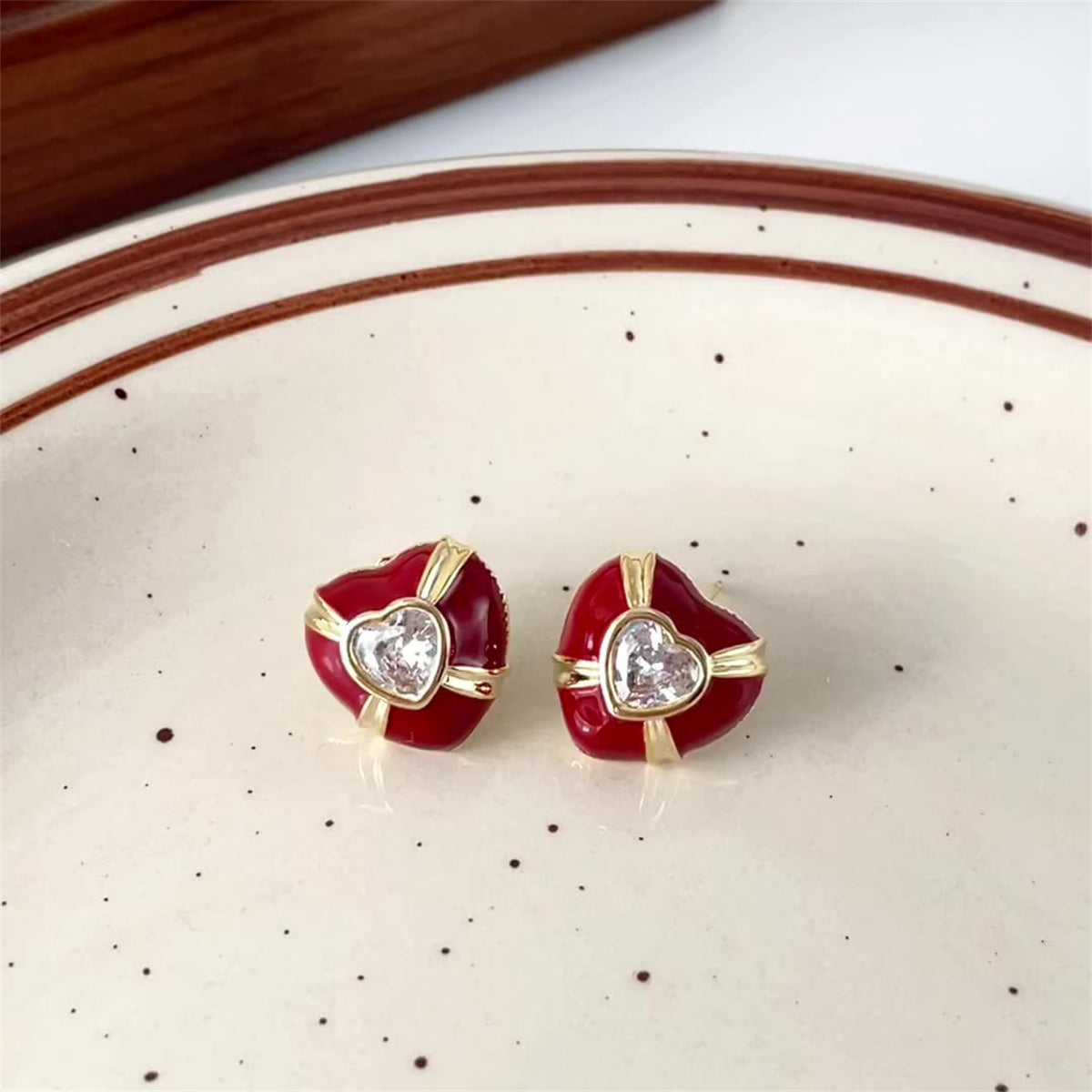 Red Enamel & Crystal Heart Stud Earrings