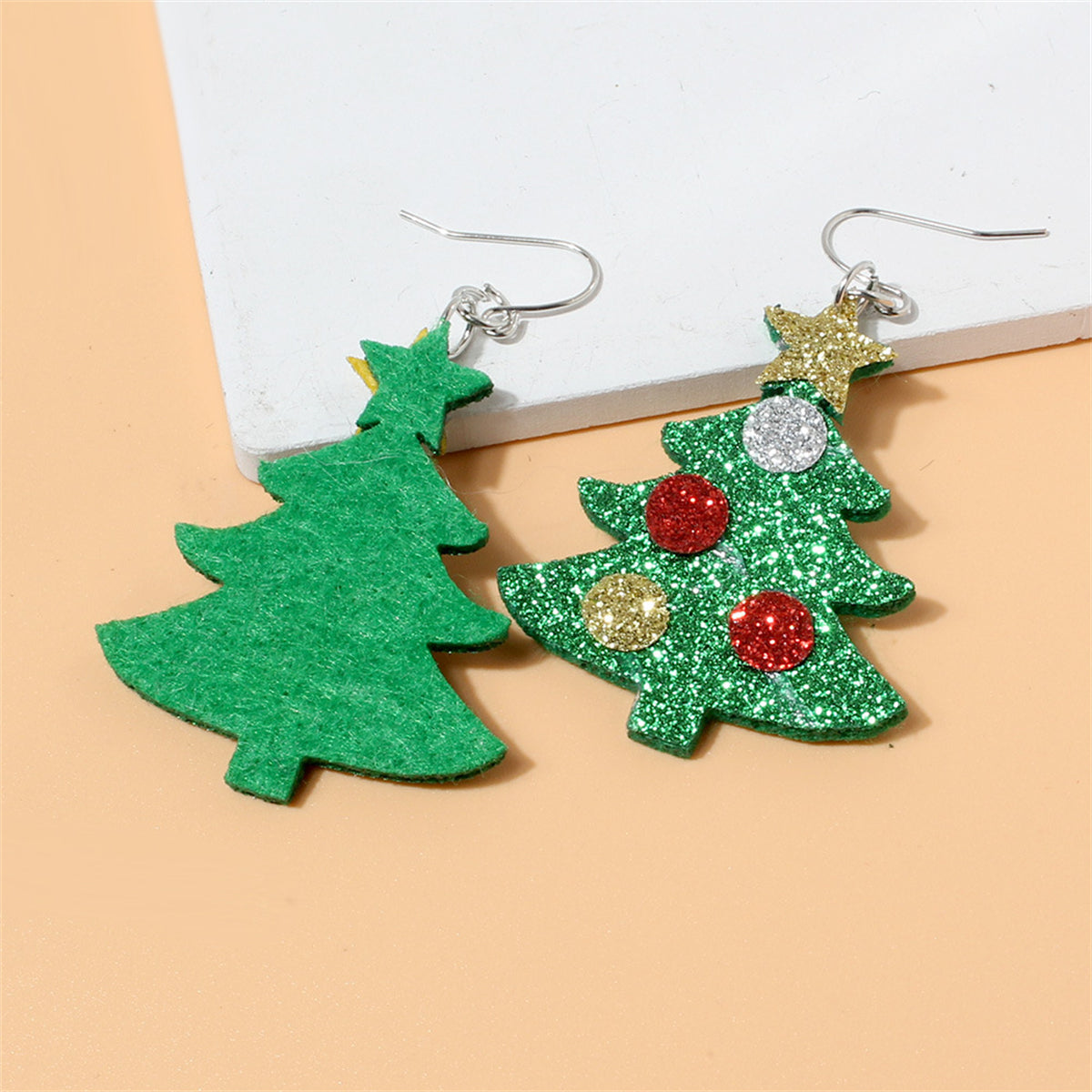 Green Polystyrene & Silver-Plated Glitter Holiday Tree Drop Earrings