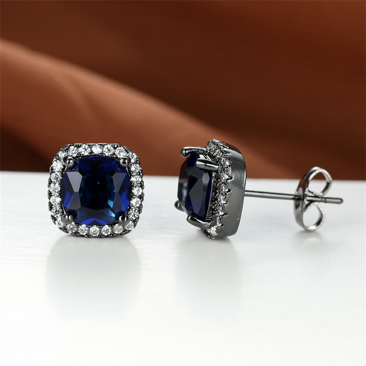 Navy Princess Crystal & Rhodium-Plated Halo Stud Earrings