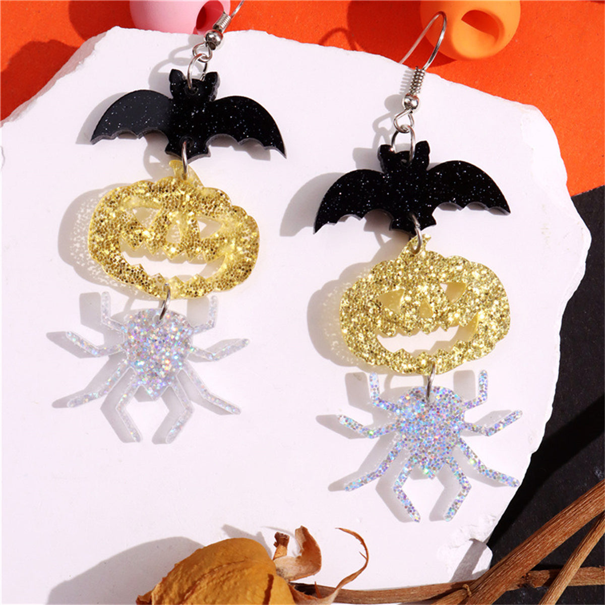 Orange & Silver-Plated Spooky Friends Drop Earrings