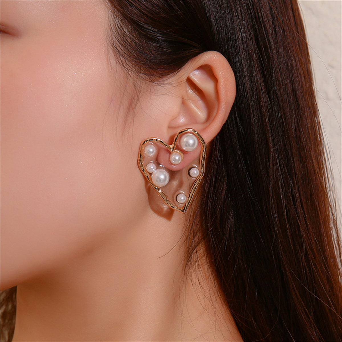 Pearl & Resin 18K Gold-Plated Heart Stud Earrings