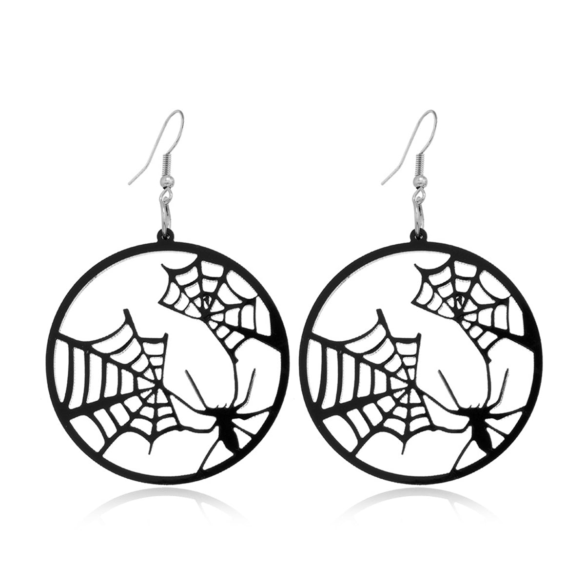 Black Acrylic & Silver-Plated Spider Web Round Drop Earrings