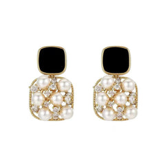 Black Enamel & Pearl Cubic Zirconia-Accent Cushion Drop Earrings