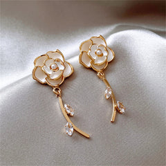 White Enamel & Cubic Zirconia 18K Gold-Plated Floral Drop Earrings