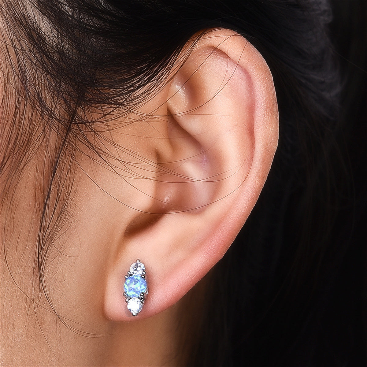 Blue Opal & Cubic Zirconia Silver-Plated Stacked Round-Cut Stud Earrings