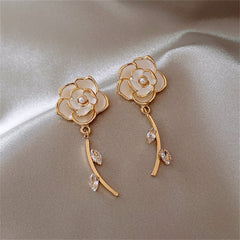 White Enamel & Cubic Zirconia 18K Gold-Plated Floral Drop Earrings