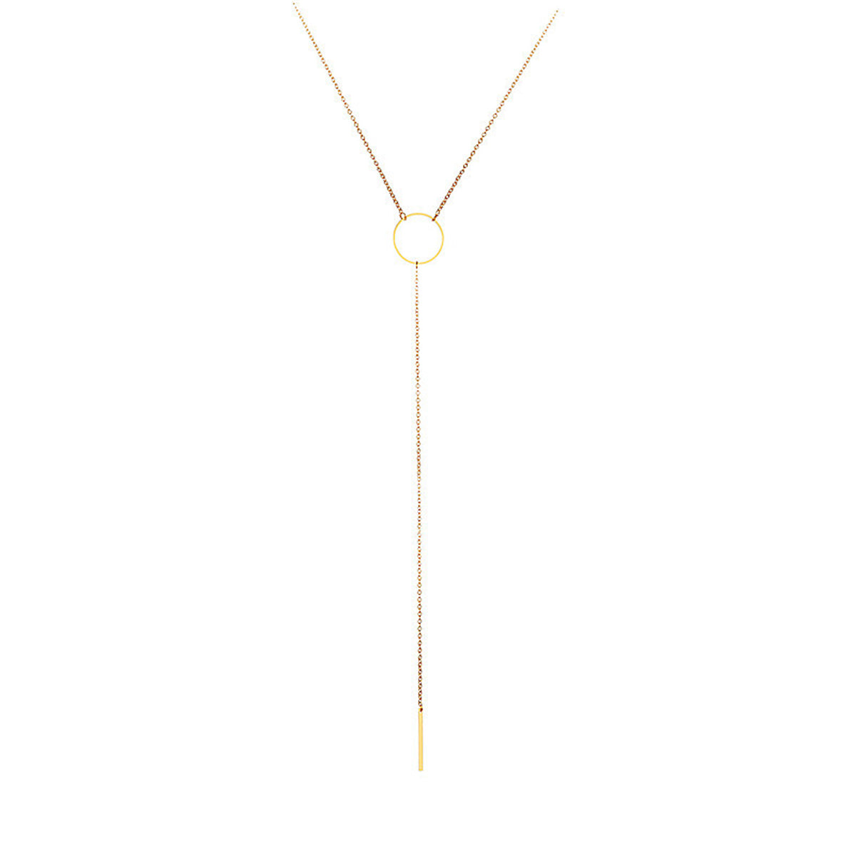 Eye-catching 18K gold-plated necklace with a long chain, adorned with a unique circle and bar pendant for a modern touch.