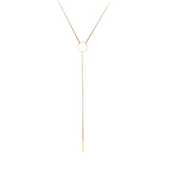 Eye-catching 18K gold-plated necklace with a long chain, adorned with a unique circle and bar pendant for a modern touch.