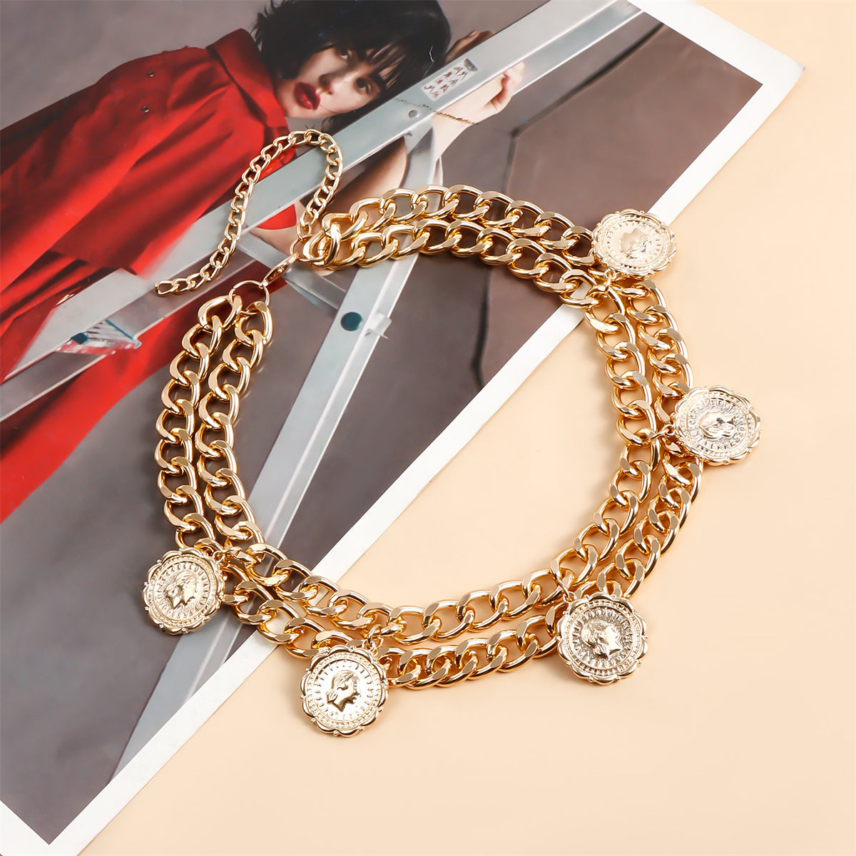 Stunning 18K gold-plated necklace with four eye-catching coins, ideal for elevating your accessory game effortlessly.