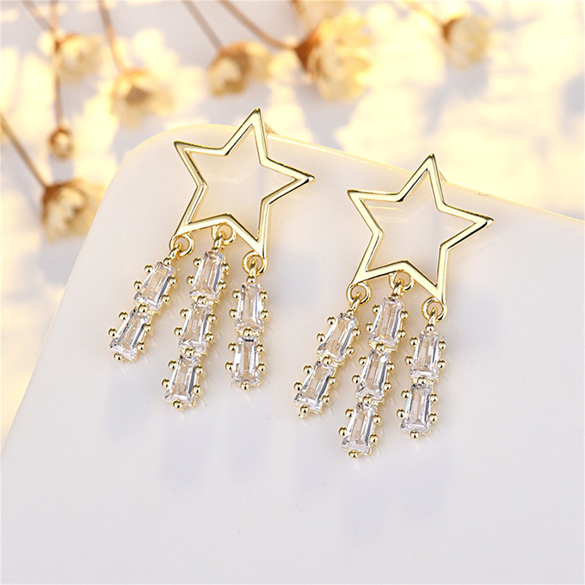 Crystal & 18K Gold-Plated Open Star Tassel Drop Earrings