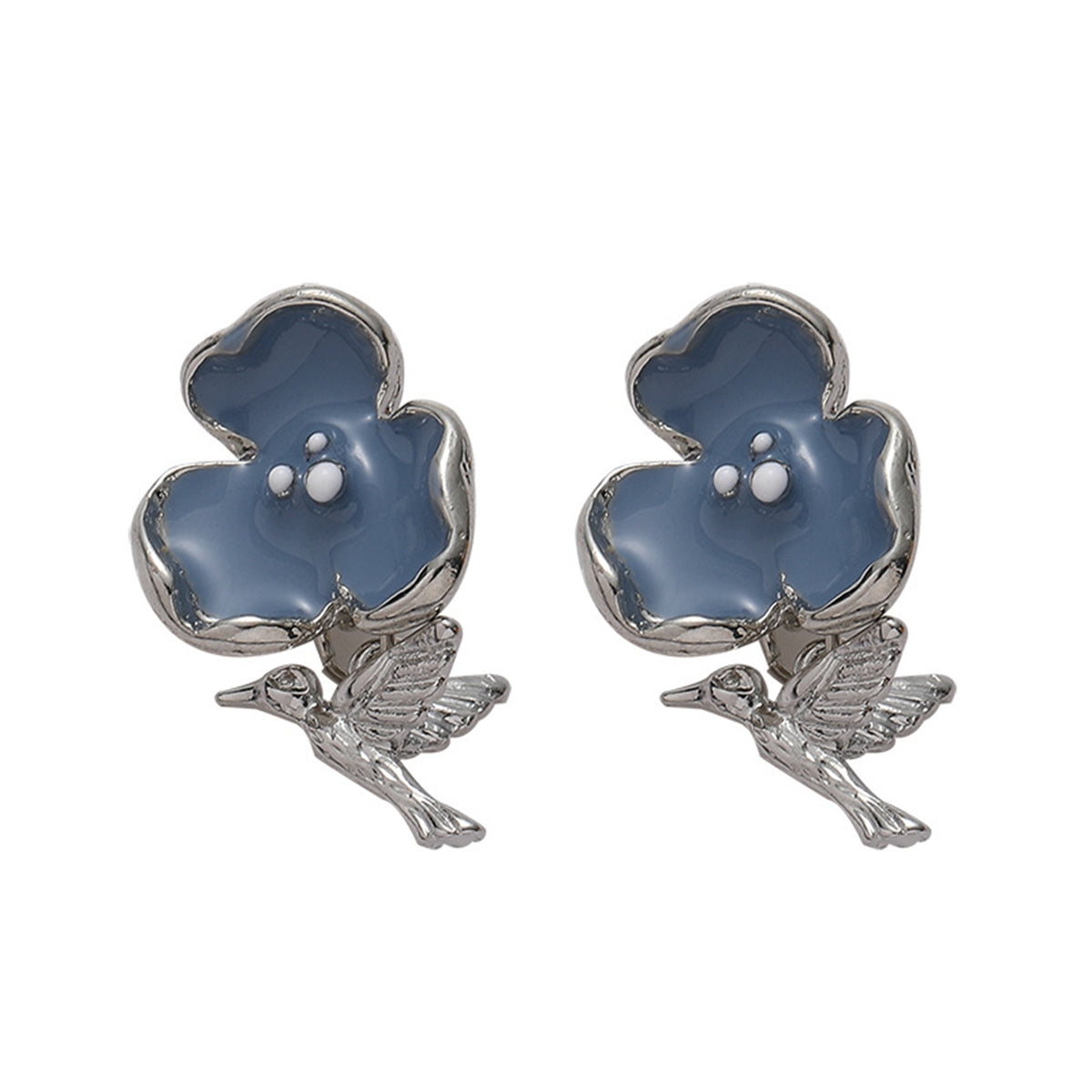 Blue Enamel & Silver-Plated Flower & Hummingbird Drop Earrings