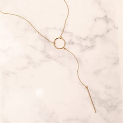 Stunning 18K gold-plated drop necklace with a long chain, showcasing a chic circle and bar pendant design.