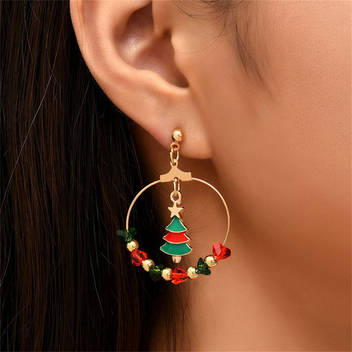 Red Enamel & Acrylic 18K Gold-Plated Christmas Tree Drop Earrings