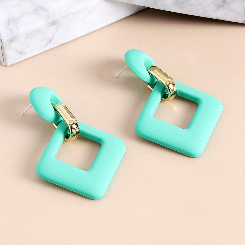 Cyan Enamel & 18K Gold-Plated Open Rhombus Drop Earrings