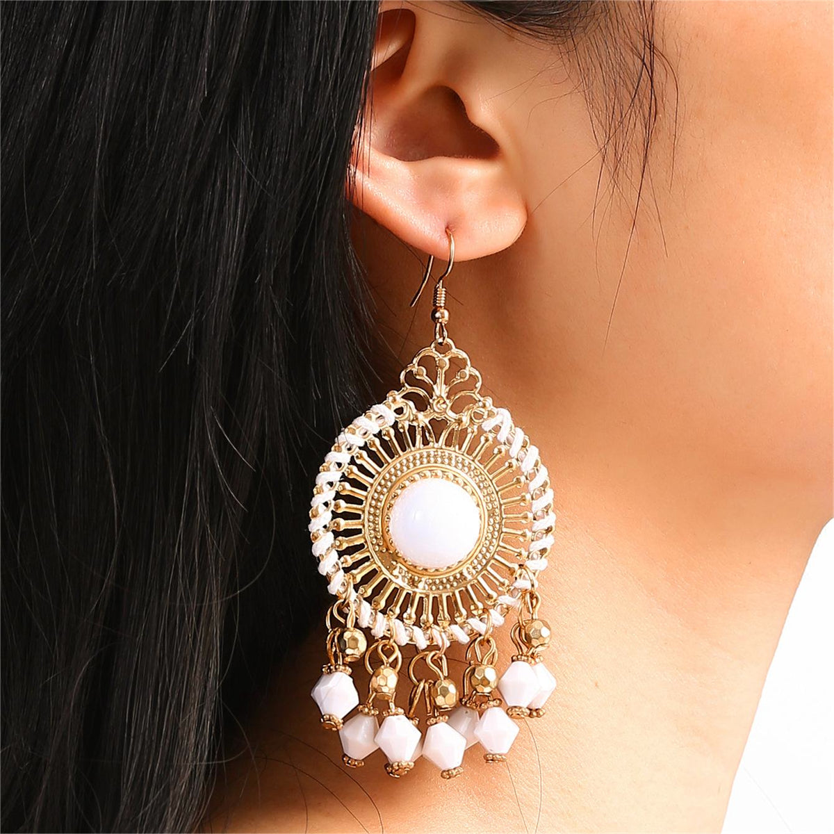 White Acrylic & Enamel 18K Gold-Plated Openwork Round Drop Earrings