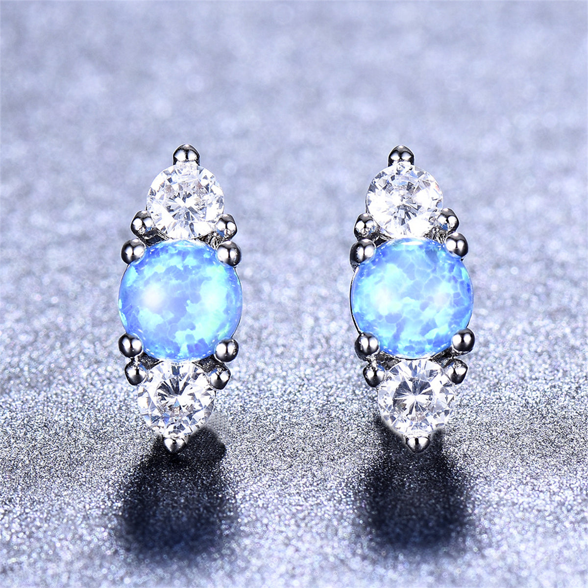 Blue Opal & Cubic Zirconia Silver-Plated Stacked Round-Cut Stud Earrings