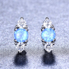 Blue Opal & Cubic Zirconia Silver-Plated Stacked Round-Cut Stud Earrings