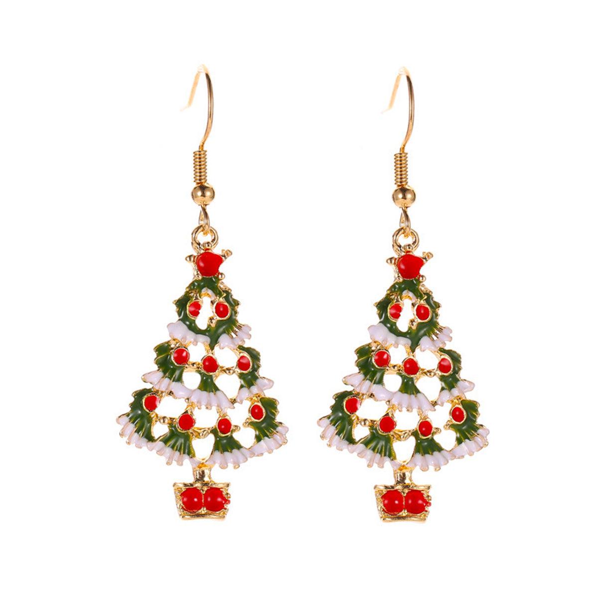 Red & Green Enamel Openwork Christmas Tree Drop Earrings