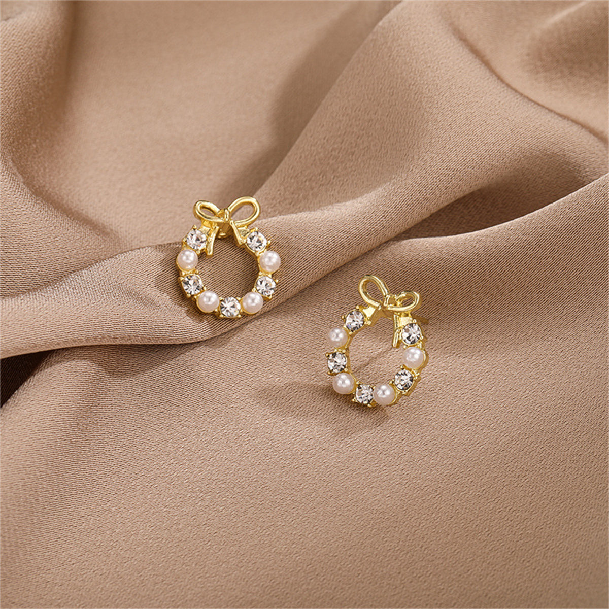 Pearl & Cubic Zirconia Bow Wreath Stud Earrings