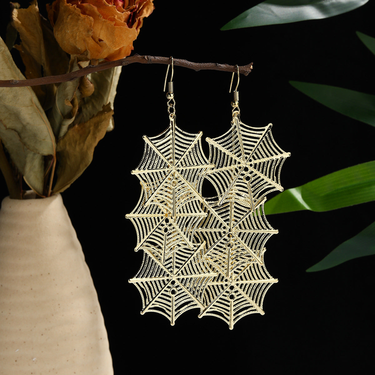 18K Gold-Plated Linked Spider Web Drop Earrings