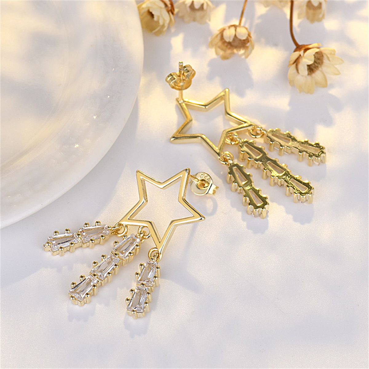 Crystal & 18K Gold-Plated Open Star Tassel Drop Earrings