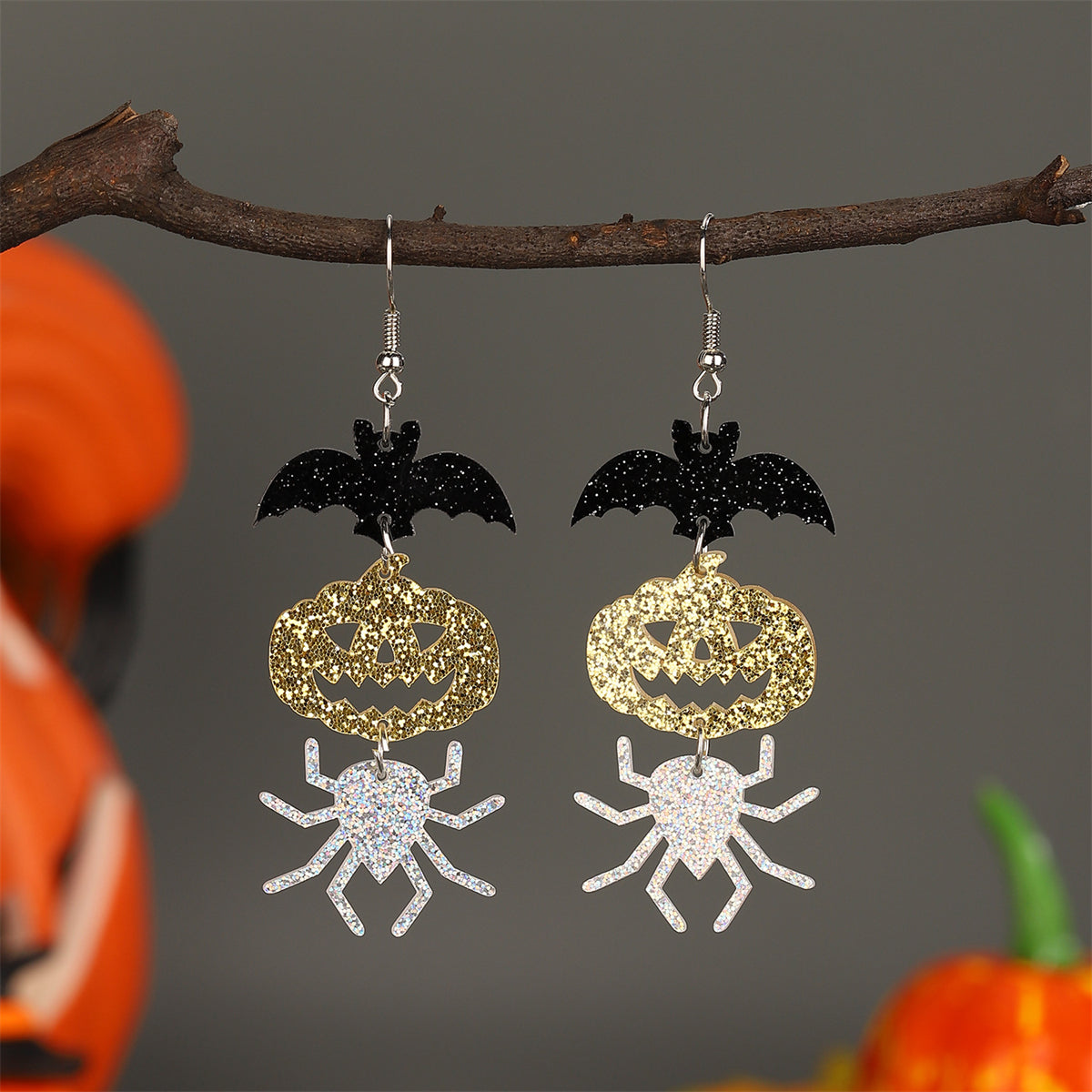 Orange & Silver-Plated Spooky Friends Drop Earrings