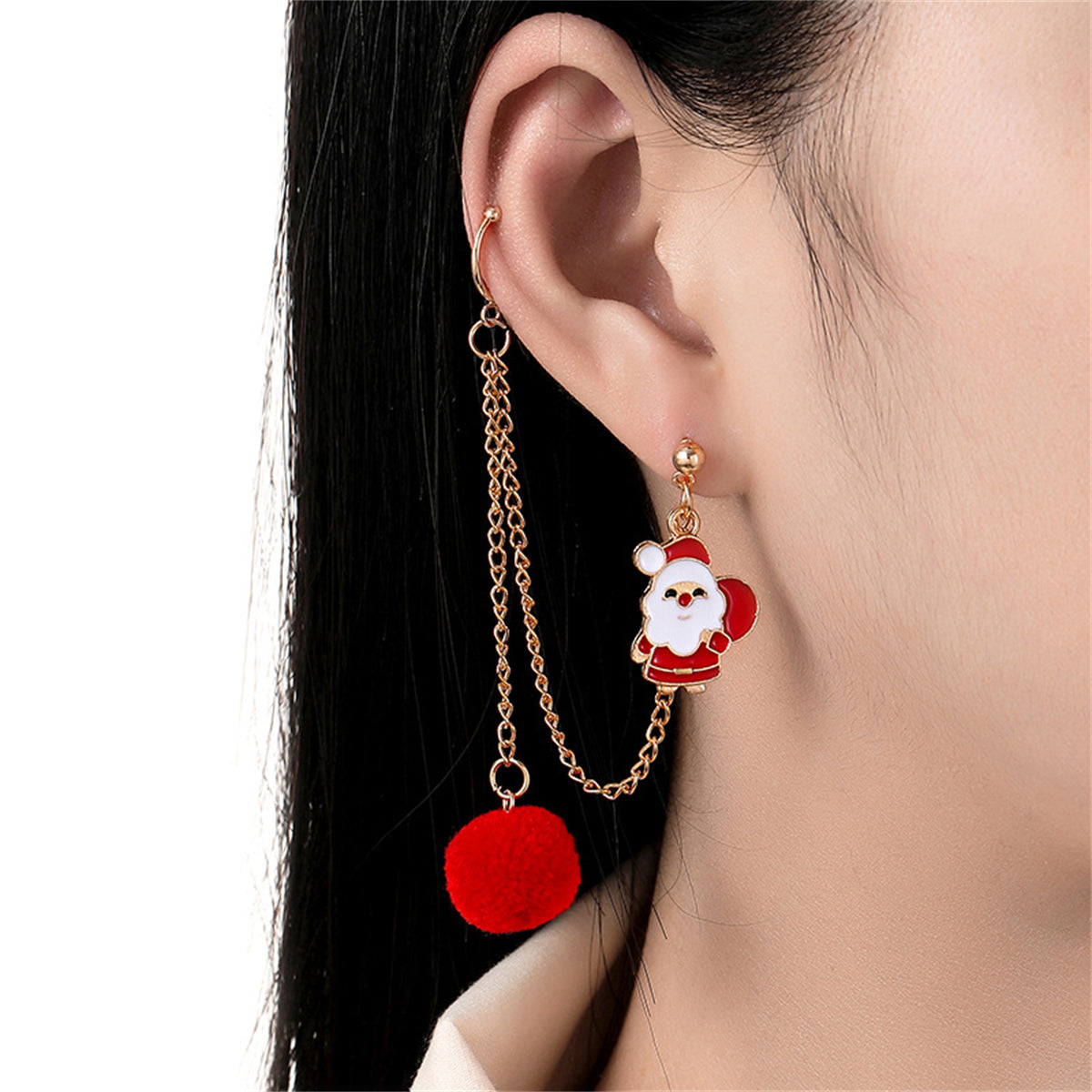 Red Enamel & 18K Gold-Plated Santa Dangle Ear Cuffs