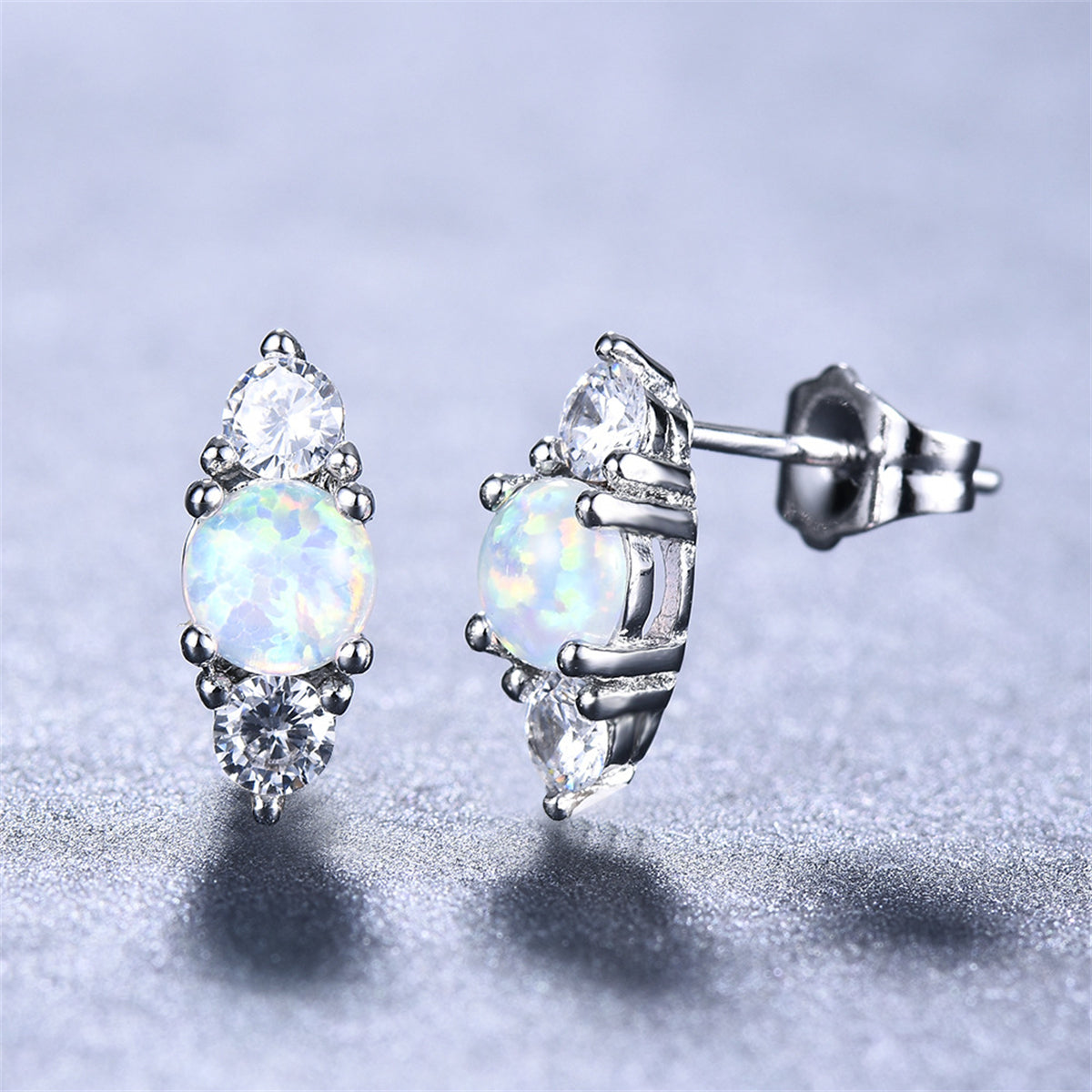 Opal & Cubic Zirconia Silver-Plated Stacked Round-Cut Stud Earrings