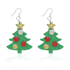 Green Polystyrene & Silver-Plated Glitter Holiday Tree Drop Earrings