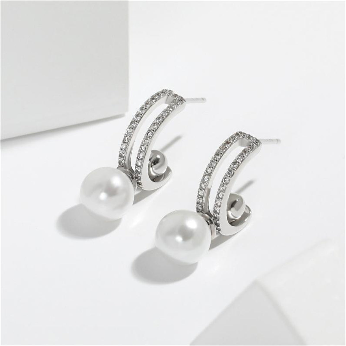 Cubic Zirconia & Pearl Silver-Plated Curve Drop Earrings