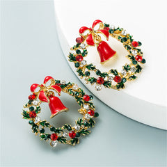 Green & Red Cubic Zirconia Bell Wreath Stud Earrings