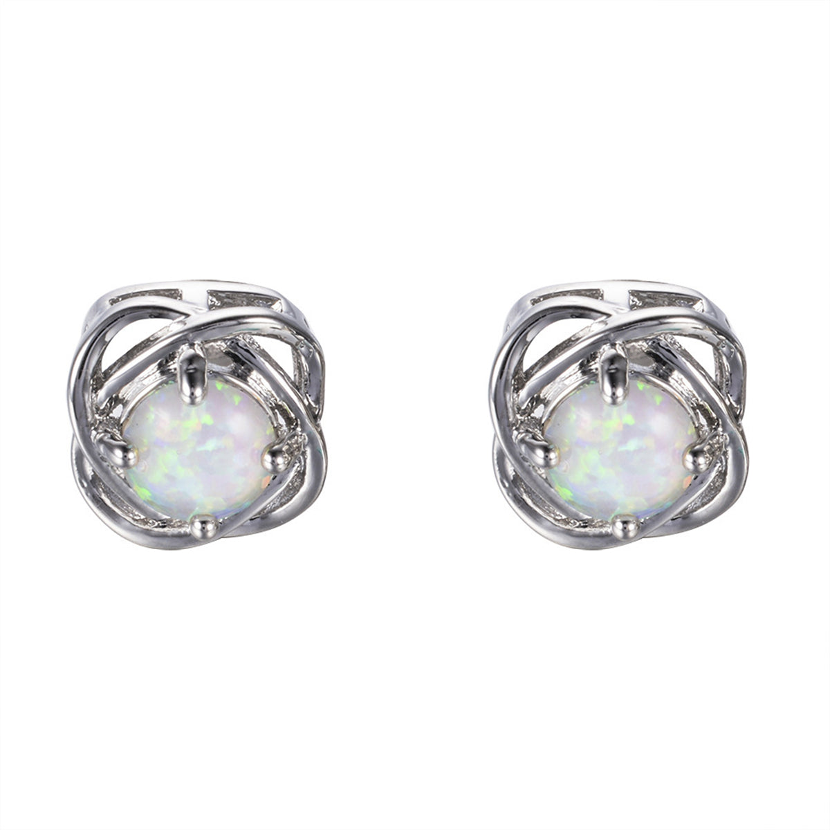 White Opal & Silver-Plated Round Wrapped Stud Earrings