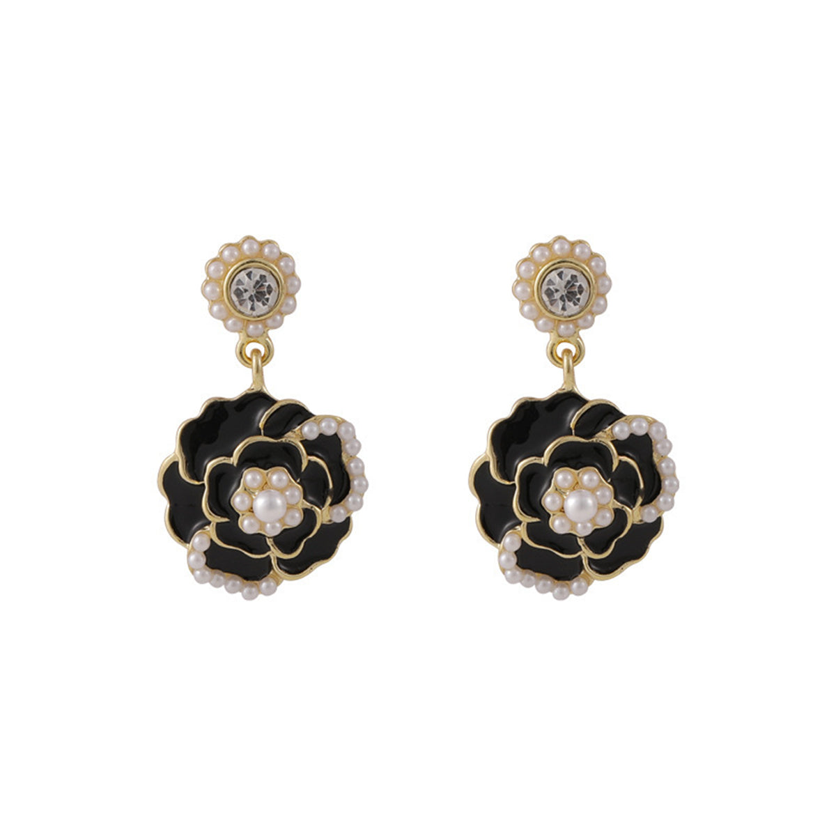 Pearl & Black Enamel 18K Gold-Plated Camellia Drop Earrings