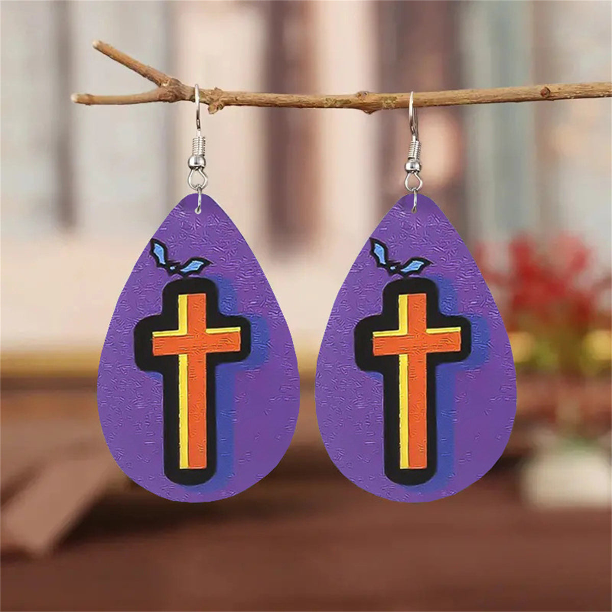 Purple & Orange Cross & Bat Teardrop Drop Earrings