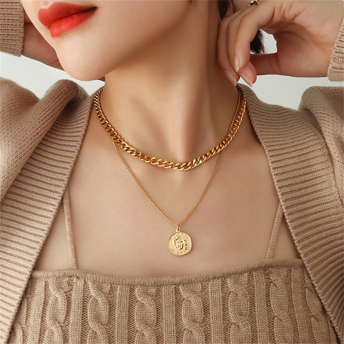 Stunning 18K gold-plated Cuban chain necklace featuring a layered coin pendant, perfect for elevating any outfit.