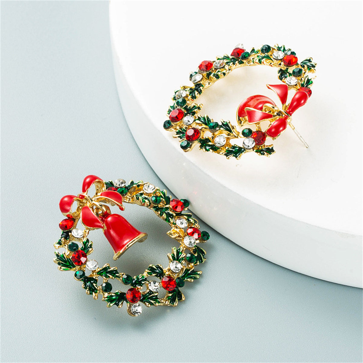 Green & Red Cubic Zirconia Bell Wreath Stud Earrings