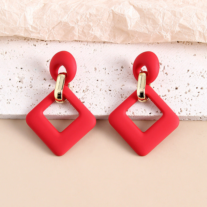 Wine Red Enamel & 18K Gold-Plated Open Rhombus Drop Earrings